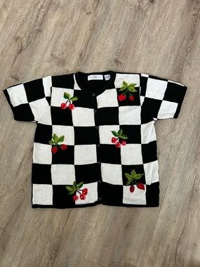 Marisa Christina Black & White Checkerboard Cherry Cardigan